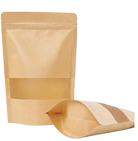 YFOX Lot de 50 petits sacs en papier kraft avec fermeture éclair et fenêtre - Convient pour les fruits secs, le café, le thé, les graines (12 x 20 cm)