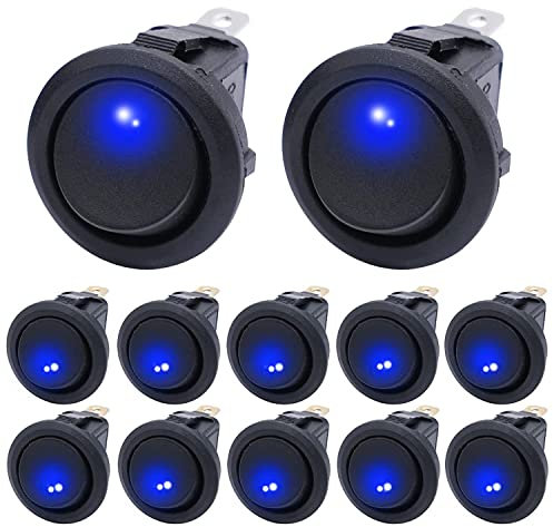 mxuteuk 12Stück Kippschalter 12V DC 20A,Runde Wippschalter 12V beleuchtet mit blauer Dot LED Licht Wippschalter Button SPST 3poliger Ein/Aus Schalter Car Boot Truck Auto KFZ 12V Schalter KCD2-102N-BU