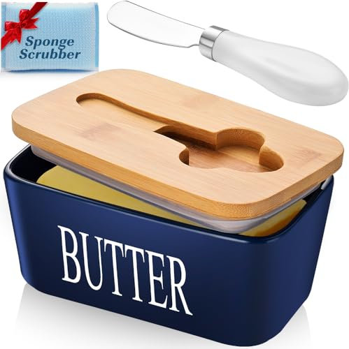 Large Butter Dish With Lid - Ceramic Container for Countertop, Holder With Knife and Sponge Scrubber, Perfect for 2 Sticks, Blue