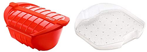 Lékué Estuche Hondo De Vapor Xl, Capacidad De 1000 Ml, Para 3-4 Personas, Color Rojo + Bandeja Multifunción De Silicona, 3-4 Personas, Translúcido