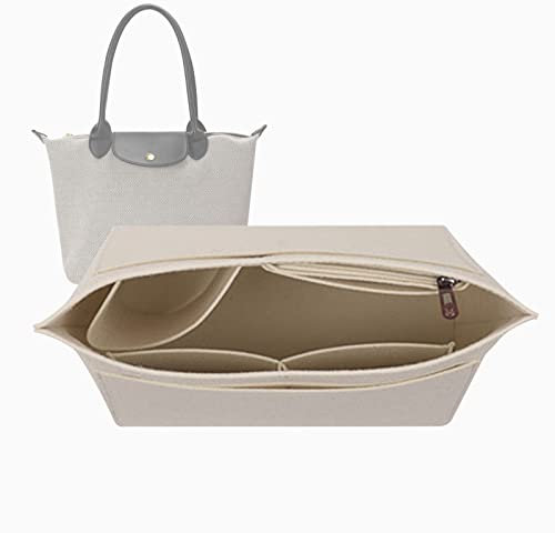 Lckaey Tragetaschen-Organizer-Einsatz für Longchamp Le Pliage, große Tragetasche, Filz, Geldbörse, Reißverschluss, Tasche, Organizer, Beige, L/41,9 x 17 x 24,9 cm