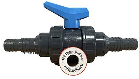 PVC Kugelhahn 1 1/2 Hebel Blau + 2 x PVC Schlauchtülle 1 1/2 x 38-32 mm + 1 x Teflonband | Pool Teich Sanitär Schwimmbecken