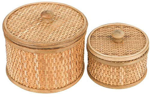 HUAXIN CRAFT H Rattan Round Decorative Box with Lid, Set of 2(Natural 7 inches and 5inches Diameter), Bohemian Wood Box For Storage.