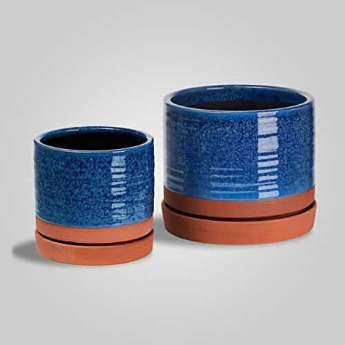 HERDUK 6 + 8 Inch Plant Pots, Ceramic Planter Pot with Drainage Hole & Saucer, Indoor/Outdoor Cylinder Round Planter Pot, Aqua Blue & Terracotta