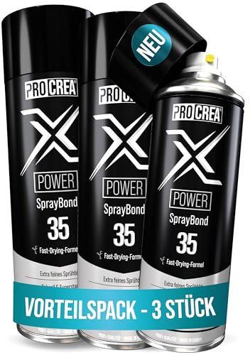 PROCREA® 3x Sprühkleber X35 Power extra stark [Transparent & Schnelltrocknend] Wasserfester & hitzebeständiger Industriekleber für Dachhimmel, Stoff, Schaumstoff, Filz uvm. [NEUE REZEPTUR 2024]