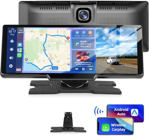 Podofo Wireless Apple Carplay & Android Auto Car Stereo with 4K Front Dash Cam,10.26 IPS Carplay Screen for Car,Portable CarPlay Car Stereo with Bluetooth 5.0/FM/Siri/G-oogle/Mirror Link/AUX