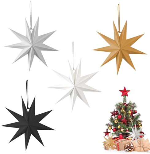 shallyong Stelle di Carta Natale, 4 Pezzi Stelle di Carta 3D, Paper Star 30cm, Decorazione Natale, per Matrimoni, Compleanni, Feste, Baby Shower(Bianco, Nero, Grigio, Colore del Legno)