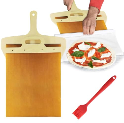 Starnearby Pala per Pizza Legno con Spazzola in Silicone, Pala per Pizza Scorrevole, Paletta per Pizza in Legno, Pala per Trasferimento Pizza, Tagliere per Pizza, Accessori per Forno Pizza