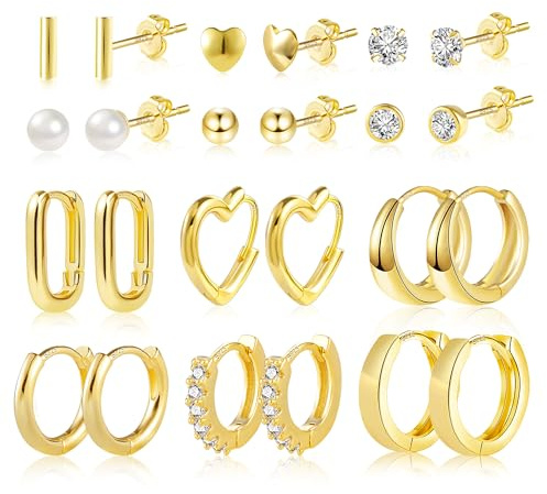 6/12 Paar Multipack Ohrringe Silber 925 Creolen Gold Ohrstecker Kleine Set | Multipack Stapelbar Ohrringe Set Damen Frau Kleine Knorpel Huggie Kreolen Creolen Eckig Oval Herz Ohrstecker mit Zirkon Stein