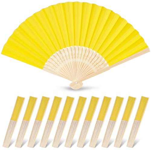 JOHOUSE Faltbare Bambus-Ventilatoren, 12 Stück, Handventilator, japanischer chinesischer Ventilator für DIY-Dekoration, Hochzeit, Tanzen, Party, Sommer, Gelb