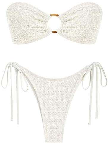 ZAFUL Women's Bandeau Bikini Strapless O Ring Lace Tie Back High Cut Two Piece Swimsuit Bathing Suits (2-Beige, S)