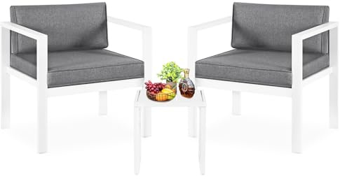 YIYAN 3-teiliges Outdoor-Terrassenmöbel-Set, modernes Rattan-Bistro-Set, Gesprächs-Rattanstühle für 2 Personen mit Kaffeetisch für Hof, Veranda, Poolbereich, Rasen (Weiß)