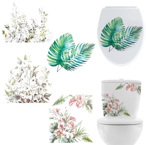 CREATCABIN 4 Feuille 4 Styles Feuilles Plantes Autocollants Toilette Autocollants Abattant Toilette Autocollants PVC Étanche Autocollant Mural Salle Bain Autocollant Décor Couverture Toilette