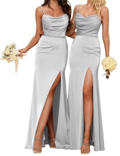 Brautjungfernkleider für Damen, gerüscht, Seide, Satin, Spaghettiträger, Ballkleider mit Schlitz, Etui, formelles Abendkleid, Flieder, 44