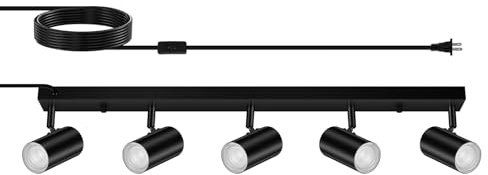 AUQUEE 5 Light Track Lighting Kit,Black 5 Way Modern Plug in Ceiling Spotlight,Industrial LED Wall Light for Kitchen Cabinet Gallery Bar Hallway Living Room,Rocker Switch,15 Foot Cord(No Bulb)