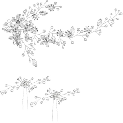 YAANBUNB 3 Stück Haarschmuck Hochzeit Blumen Kopfschmuck Braut Silber Brautschmuck Haare Haarschmuck Hochzeit Stirnband Haar Rebe mit Blumen Haarnadeln für Frauen Damen Mädchen Brautjungfer