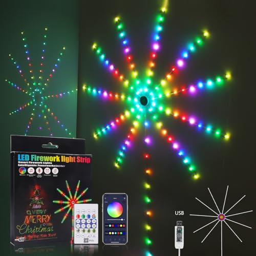 HEGEHE USB Tira de luces LED Fuegos Artificiales,Bluetooth Tiras LED con Efecto de Persecución Multicolor, IP65 Tiras de Fuegos Artificiales sincronizadas con música, Luces Starburst para Navidad