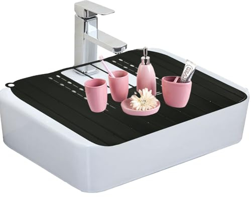 NQEUEPN Tapis d'Évier de Salle de Bain, Pliable Tapis Evier Silicone Tapis de Comptoir d'Évier Peu Encombrant Tapis d'Évier de Maquillage Enroulable pour Espace & d'Économie de Stockage (Noir)