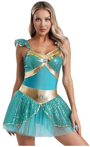 CHICTRY Arabische Tanzkleid Damen Bauchtanz Kostüm Fliegen Ärmel Trikot Pailletten Quasten Leotard Mit Tüllrock Tanzrock Für Fasching Karneval Türkis XXL