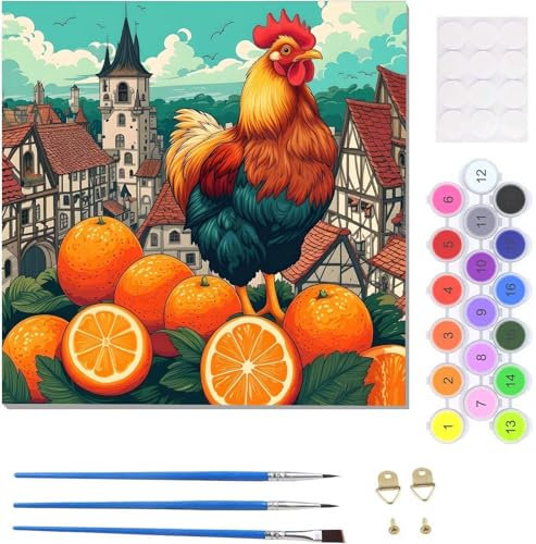 Rooster Orange Malen Nach Zahlen Erwachsene, Handgemalt Ölgemälde Leinwand Kits, Bastelset AnfäNger Knitterfreie Leinwand, Pinsels Und Acrylfarbe, Handgemalt öLgemäLde Kit Als Geschenk 60x60cm U-3123