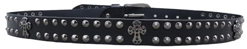 Surrycee Gürtel für Herren und Damen aus echtem Leder, Punk, Gothic, Rock, Hip-Hop, christliches religiöses Kreuz und Kreis-Nietengürtel mit Metallschnalle, 3,8 cm breit,Schwarz,105cm(34~36)