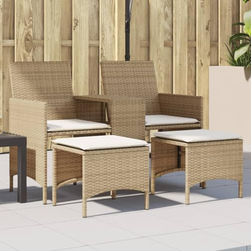 Homgoday Gartensofa 2-Sitzer mit Tisch und Hockern, beige, Polyrattan, Gartenmöbel für den Außenbereich, Bett, Sofa, für Terrasse und Außenbereich, Möbel Typ 4003894