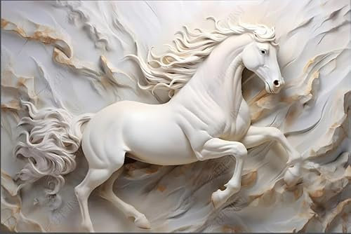 ZYHFDC Papier Peint Panoramique Relief en plâtre du cheval blanc Tableaux Muraux Tapisserie Photo Décoration Murale Salon Chambre 250CM(L)*175CM(H)