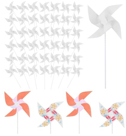FYOBOT 50 Pièces Moulinets en Papier pour Enfants à Faire Soi-Même, Moulins à Vent en Papier Blanc Blanc Moulins à Vent en Plastique Vierge Petits Moulins à Vent pour Les Enfants D'Été