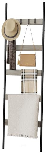 Blanket Ladder, 5-Tier Towel Holder with 4 Removable Hooks, Farmhouse Wall Leaning Decorative Rack Shelf, Wooden Towel Display Rack, Quilt Ladder for Living Room, Bedroom, Greige