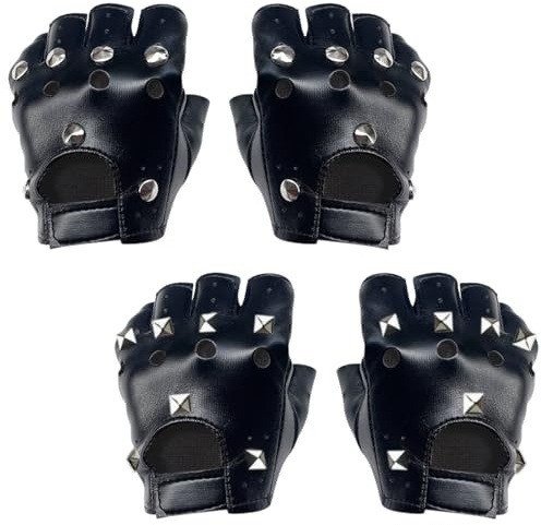 KEYRI 2 Paire Gants Sans Doigts Élégants Gants Punk PU Cuir Sans Doigts pour Halloween Femmes Filles Cosplay Performance Gothiques Noirs Hommes Accessoires (Noir, Taille unique)