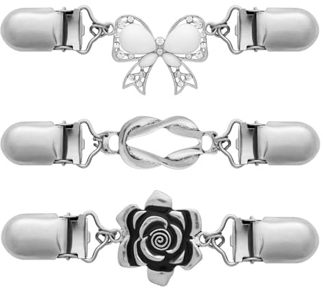 Mikovivi 3 Stück Taillenclips, Vintage Sweater Clips für Rücken Schal Cardigan & Kragen Kleider Gürtel Clips für Damen (Schleifen, Blumen, Rechteck)