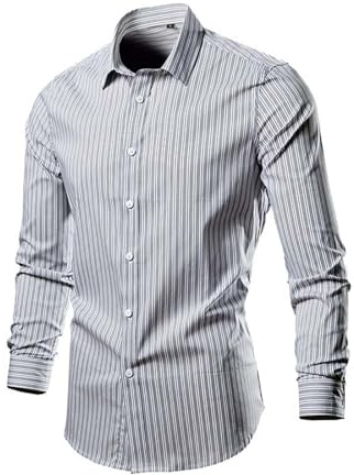 EQWIGKEIT Camicia da uomo a maniche lunghe, business, vestibilità normale, con bottoni, estiva, senza stiratura, per il tempo libero, colletto alto, a righe, grigio chiaro., XXL