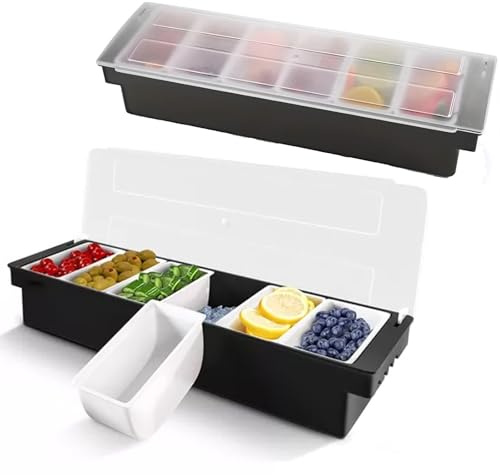 Liwankaqi Eisgekühlter Gewürzbehälter, 50 x 15,5 x 9,5 cm Abnehmbare Ice Zutatenbehälter mit Deckel, 5 Fächer Behälter zum Garnieren für Obst, Garnieren, Lebensmittel, Deckel, Salat, Bar