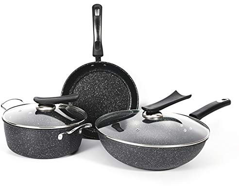 MYUYEE Set di pentole e padelle in Alluminio anodizzato Duro con Wok pentola per brodo e Padella per friggere - Compatibile con Piani Cottura a induzione e Gas,