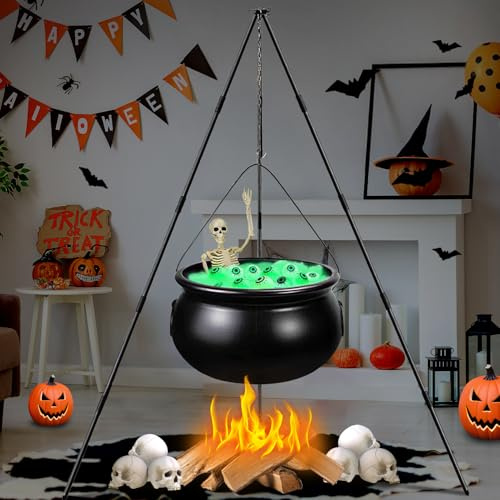 Decorazioni di Halloween all'aperto, ciotola di plastica nera decorazione per feste di Halloween grande streghe calderone su treppiede con luci stringa secchio decorazione per la casa portico interno