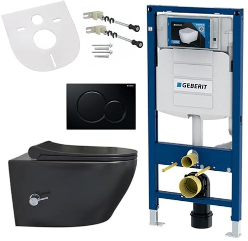 Belvit Hänge WC Komplett Set mit Bidet Funktion, Wand Toilette Schwarz mit Taharet und UP320 Vorwandelement, spülrandlose Keramik, WC Sitz mit Softclose Deckel & Betätigungsplatte Schwarz