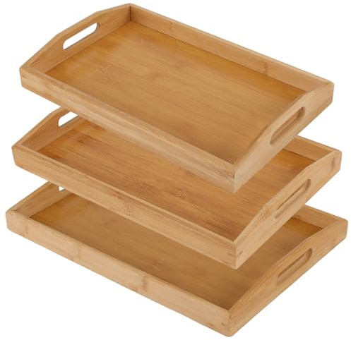 YIXNSW Bandeja de servir de 3 piezas, bandeja de bambú natural de 3 tamaños con asas de madera, bandeja de cocina para cocina, decoración, 41 x 29 x 5 cm, 38 x 25 x 5 cm, 35 x 22 x 5 cm