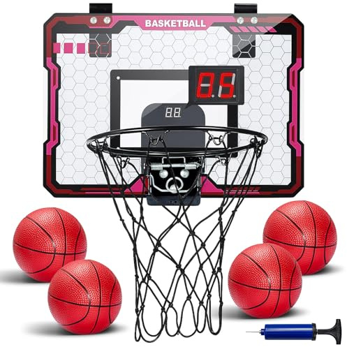 Basketball Hoop Indoor with Electronic Scoreboard & 4 Mini Balls & Pump, Over the Door Mini Basketball Hoop Set for Kids & Adults, Toy Gift for Boys Girls Age 3+ Years, Office Game