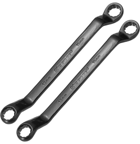 sourcing map Doppelsteckschlüssel, 45 Grad gekröpft, 13 mm x 15 mm, metrisch, 12-kant, Chrom-Vanadium-Stahl, lang, Industriequalität, Torx-Steckschlüssel, Reparaturwerkzeug, Schwarz, 2 Stück