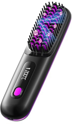 Plancha Para El Cabello Portátil,Cepillo Alisador Inalámbrico Portátil - Peine Cerámico Con Pantalla Led 3 Ajustes De Temperatura Para Uso En Casa Playa Y Salon - Estilizador Para Viajes Uso En Y Húme