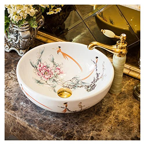 Fregadero de porcelana artística, lavabo sobre encimera con grifo de drenaje desplegable para tocador de baño