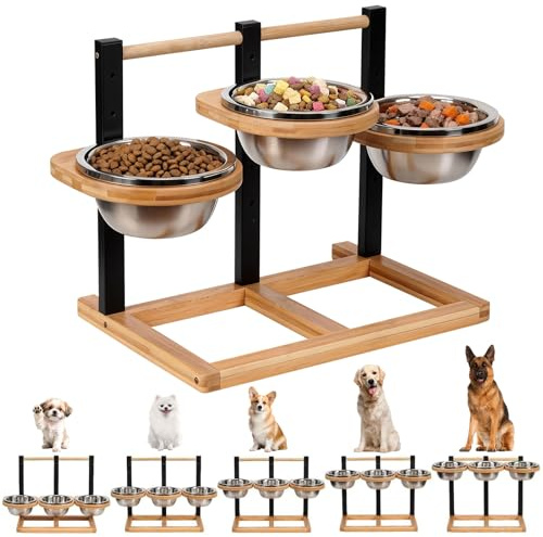 Gamelle surélevée pour chien - 3 bols en acier inoxydable de 1400 ml - 5 gamelles réglables en hauteur - Gamelles surélevées en bois - Support pour gamelle pour chien - 46 x 38 x 33 cm