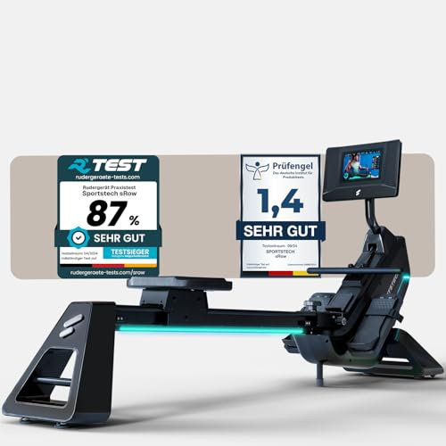 Sportstech Premium Rudergerät für zuhause + Touch Display - Deutsche Qualitätsmarke - App mit Workouts & Training Kursen, klappbare Rudermaschine mit LED Technologie, sRow