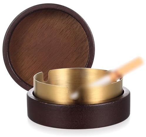 Stainless Steel & Wood Outdoor Receptacle with Lid, Windproof Disposal Container with Removable Insert, Compact Caddy for Patio, Garden, Office, Bar, Restaurant, and Home (9.3 x 4.3 cm)