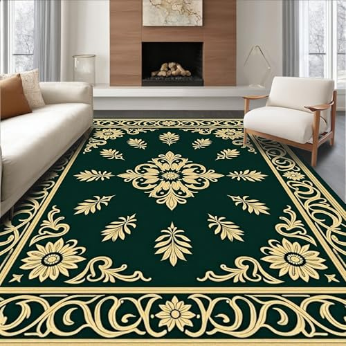 ODIKA Flatwoven Area Rug 6x9 ft, Damask Ivy Flourish Twisted Vine Embroidery Inspired, Non Slip, Stain Resistant, Washable High Traffic Area Rugs for Living Room, Bedroom Decor (with Pad)