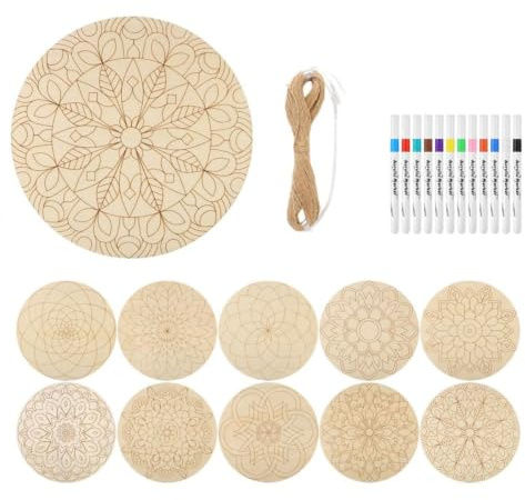 Zhdbchyuu 10 Pack Wood Mandala Painting Set with Wood Rounds,12-Color Acrylic Markers and String for Crafts and DIY Home Décor