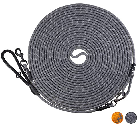 Floxik Schleppleine für Hunde | 5m, 10m, 15m, 20m grau | reflektierende Tauleine mit Abnehmbarer Handschlaufe | auch optimal als Trainingsleine für Welpen geeignet