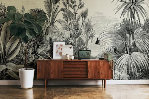 Livingwalls fototapet vintage djungeltapet grå beige svart 382351 väggen 2,8 x 3,71 m vardagsrum sovrum hall