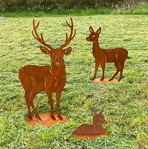 3er Set Hirsch Familie XXL 150cm Hirsch mit REH und Rehkitz auf Platte Edelrost Gartendeko Rost Metall Rostfigur Kitz Tier von Steinfigurenwelt