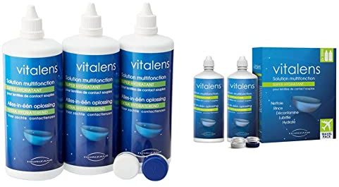 Solution multifonction pour lentilles de contact ● Format Tripack 3x360ml & Produit multifonction pour lentilles de contact souples ● Format voyage / 2x50ml ● Vitalens